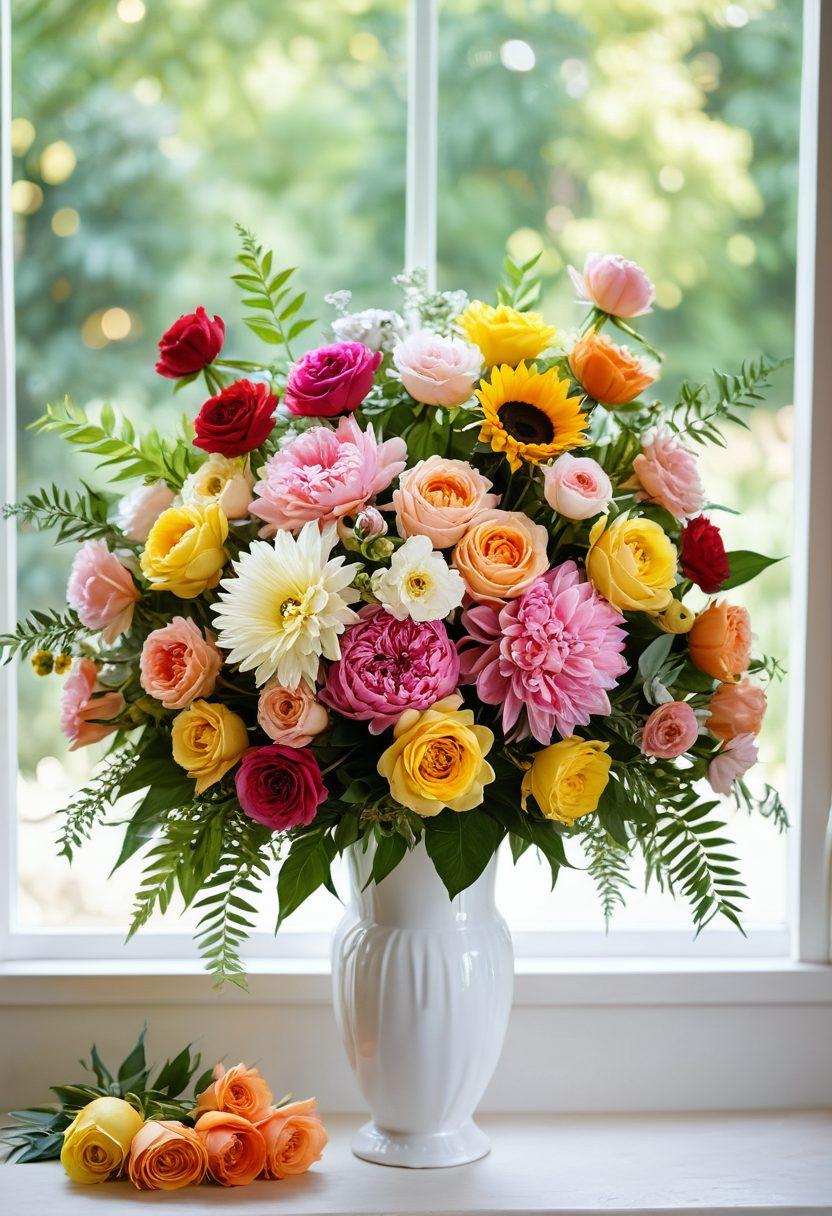 A beautifully arranged floral display featuring an array of vibrant flowers such as roses, peonies, and sunflowers, artfully placed in elegant vases, set against a backdrop of a sunlit garden. Soft, pastel-colored ribbons cascade through the arrangement, symbolizing celebration and joy. A faint bokeh effect enhances the feeling of warmth and intimacy, capturing the essence of life's special moments. floral design, cheerful atmosphere. super-realistic. vibrant colors. natural light.