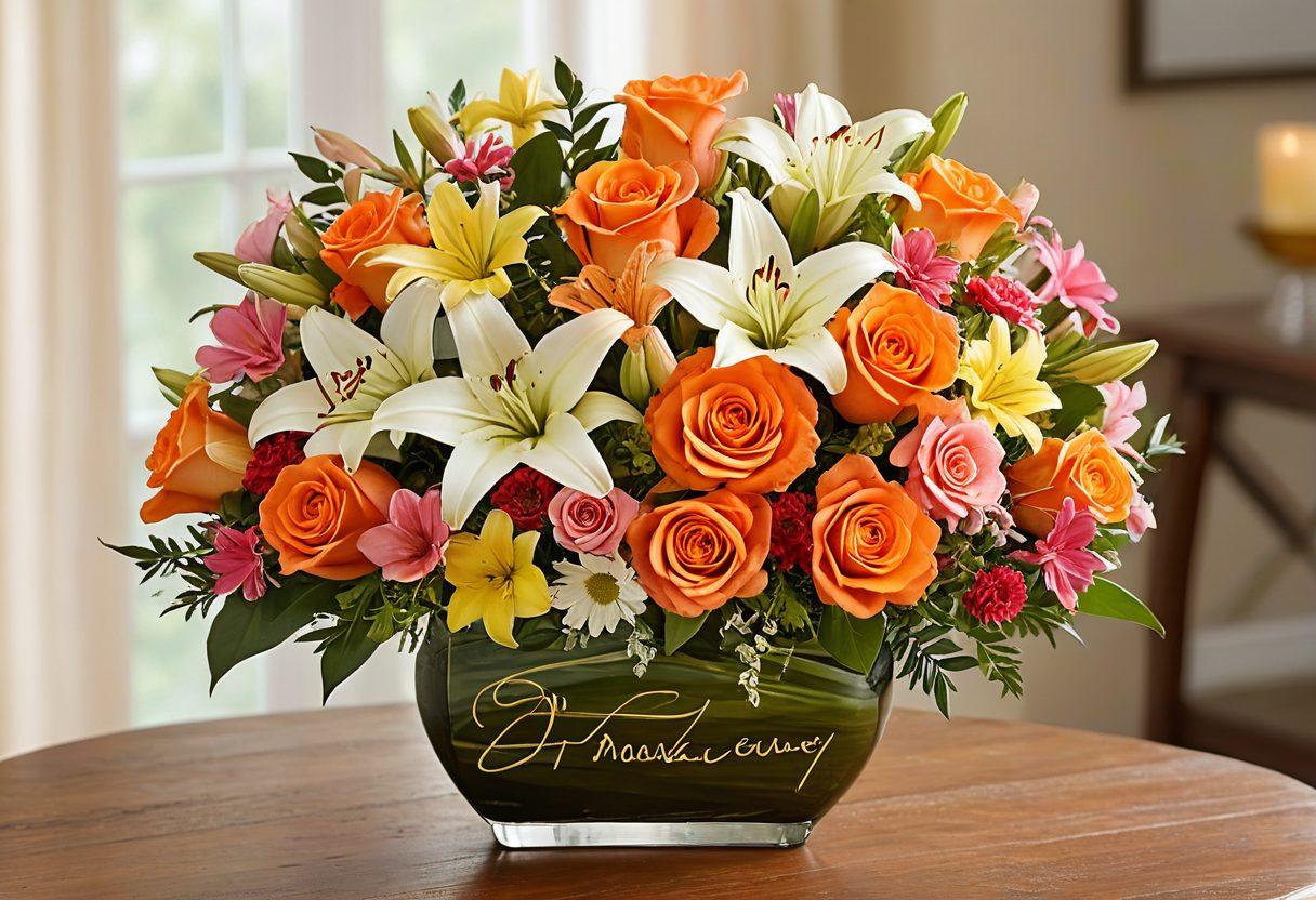 A vibrant, lush floral arrangement featuring a mix of roses, lilies, and daisies in a beautifully designed vase. The background should depict a warm and inviting atmosphere, with soft, diffused lighting creating a romantic ambiance. Include subtle elements like handwritten notes or gift tags to emphasize personalization in gifting. The image should evoke feelings of love and celebration. super-realistic. vibrant colors. soft focus.