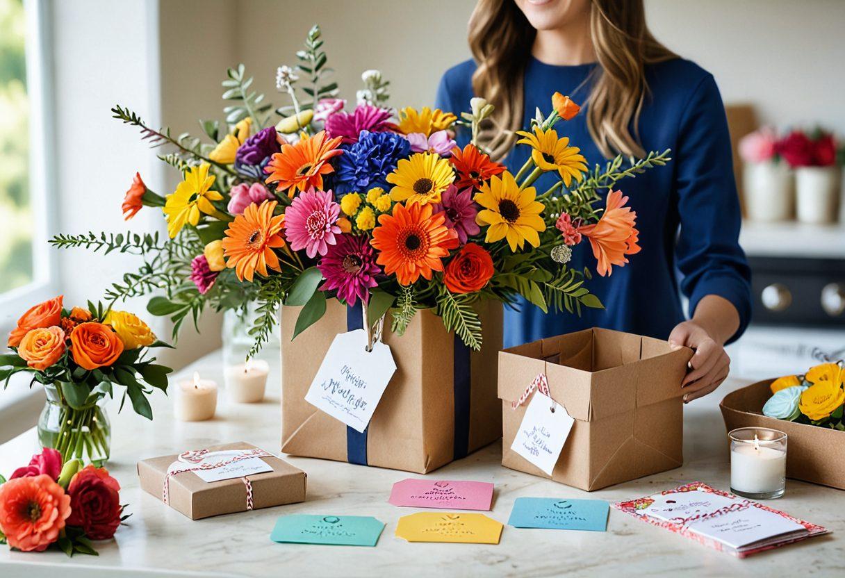 A whimsical scene showcasing an array of vibrant floral bouquets, each uniquely styled, with personalized gift tags floating around them. In the background, a cheerful person lovingly arranging these flowers into a beautiful subscription box. Soft natural light filters in, enhancing the colors and creating an inviting atmosphere. The overall vibe is joyful and inspiring, conveying the essence of personalized gifting. super-realistic. vibrant colors. soft focus.